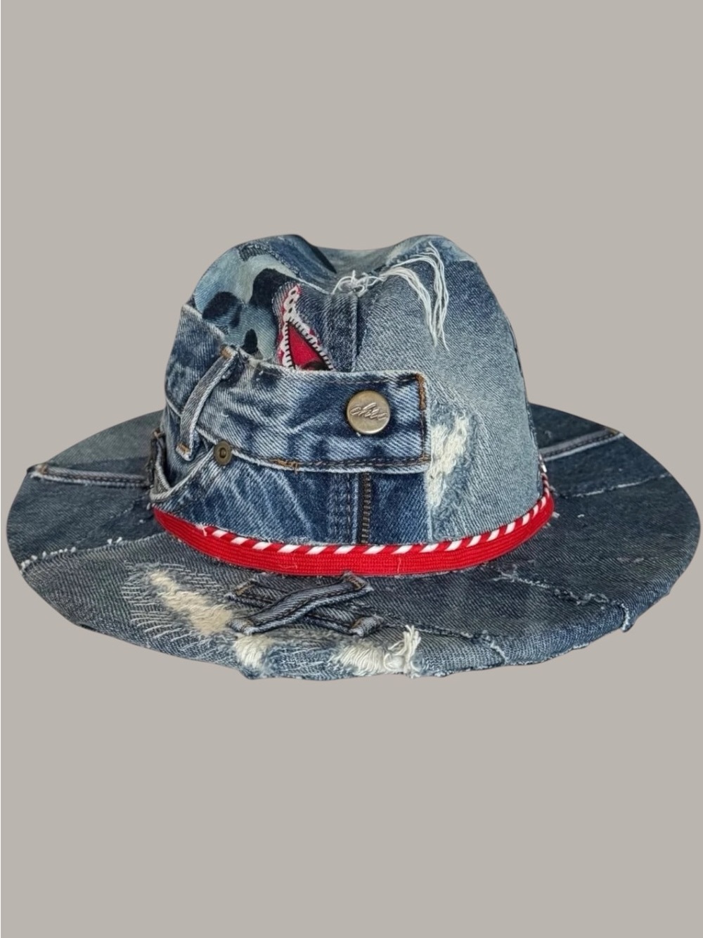 Kids Distressed Denim Fedora Hat with Red Trim